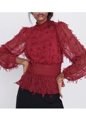 Zara Sheer Ruffle-Trim Blouse